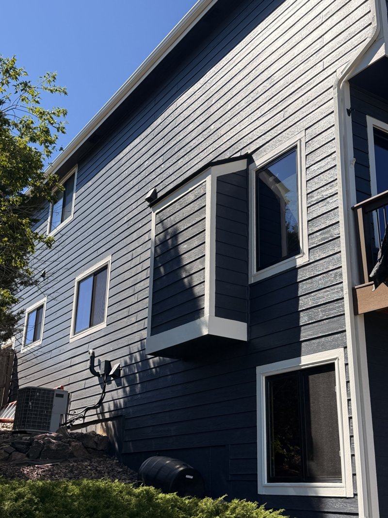 Dark vertical-siding home with new white-trim windows